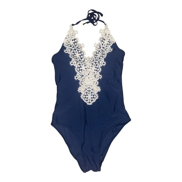 Blooming Jelly Blue Plunging Lace One Piece Swimsuit, Small - Picture 1 of 7